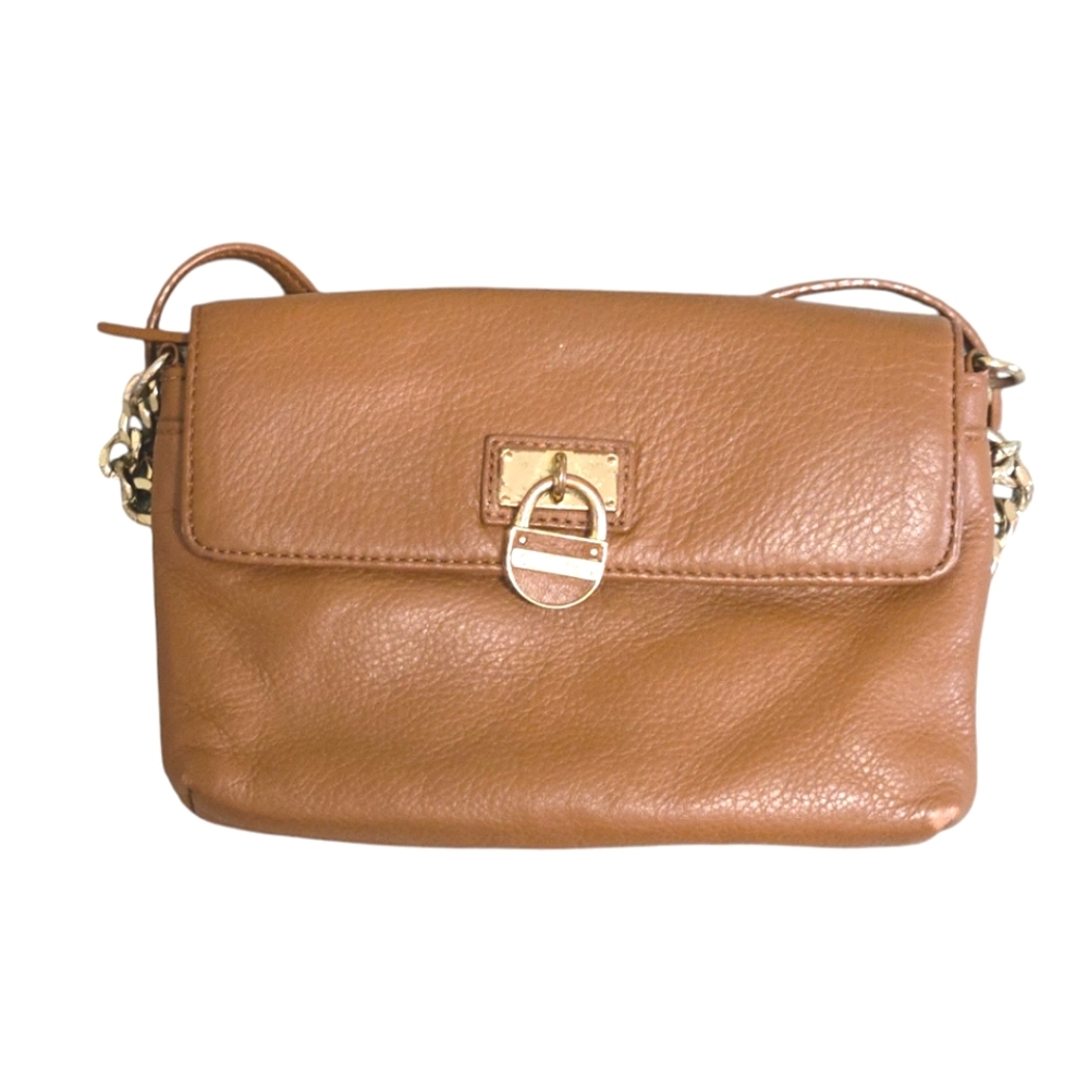 Crossbody purse Calvin KLEIN tan Leather Gold Accents Chain Shoulder Strap